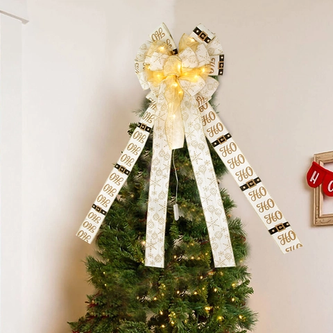 Christmas Glowing Bow LED Light Up Polyester Ribbon Bow For Christmas Tree Topper Party Decoration Props Home Festive Ornament