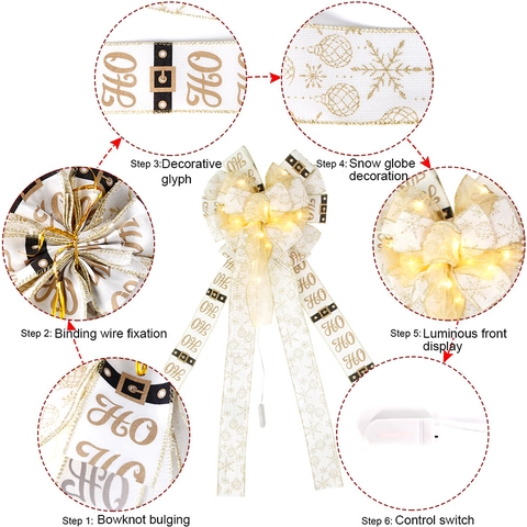 Christmas Glowing Bow LED Light Up Polyester Ribbon Bow For Christmas Tree Topper Party Decoration Props Home Festive Ornament