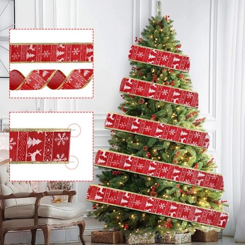 Nastro di Natale Imitazione Lino Stampato Fiocco di Neve Renna Albero di Natale Motivo Bordo Filo Metallico Nastro Decorativo per Feste Regalo Casa