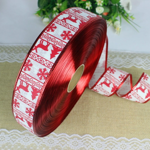 Nastro Natalizio Stampato Bordo Metallico Fiocco Neve Renna Poliestere Simil Lino Nastro Decorativo Per Albero