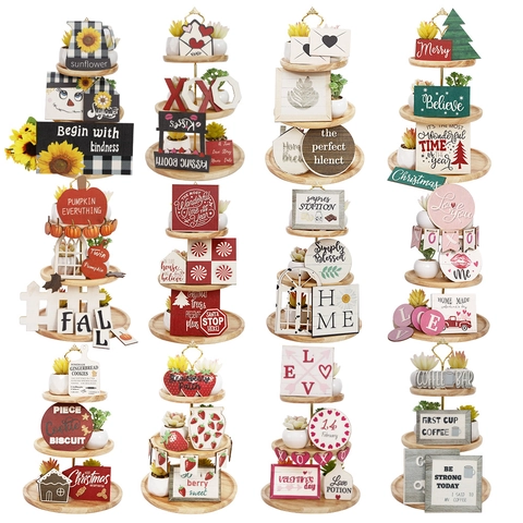 Wooden Tiered Tray Decor Set Sunflower Christmas Valentines Thanksgiving Pumpkin Coffee Bar Rustic Farmhouse Table Centerpiece Holiday Home Decoration