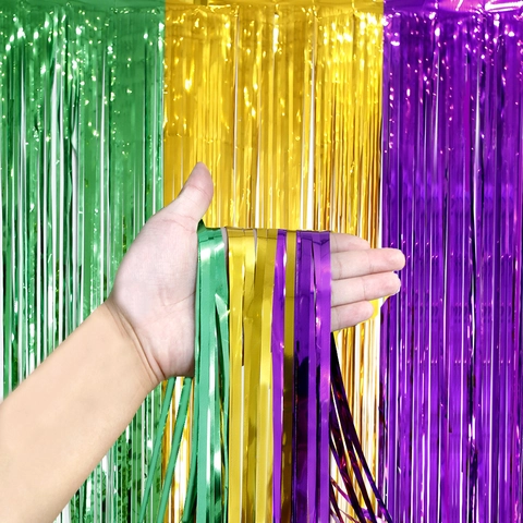 Tenda a Frange Metallica Verde Oro Viola Lametta Sfondo Per Mardi Gras Festa Celebrazione Decorazione Foto Sfondo