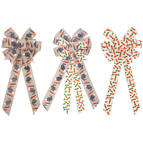 Nœud de Décoration de Pâques pour Porte Suspendu Motif Lapin Carotte Plaid Ruban Nœud Style Jute Rustique Ornement de Fête