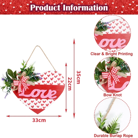Targa per Porta a Forma di Cuore in Legno di San Valentino Romantica Love XOXO Motivo Plaid con Fiocco Piante Artificiali Decorazione Rustica
