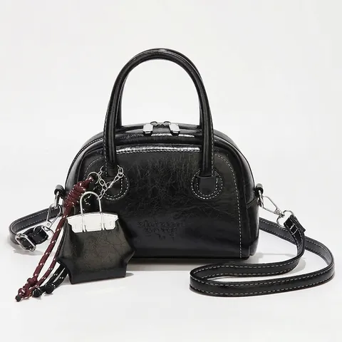 Damen Boston Tasche PU Leder Top Griff Umhängetasche Mit Abnehmbarem Schultergurt Und Mini Taschenanhänger Casual Mode