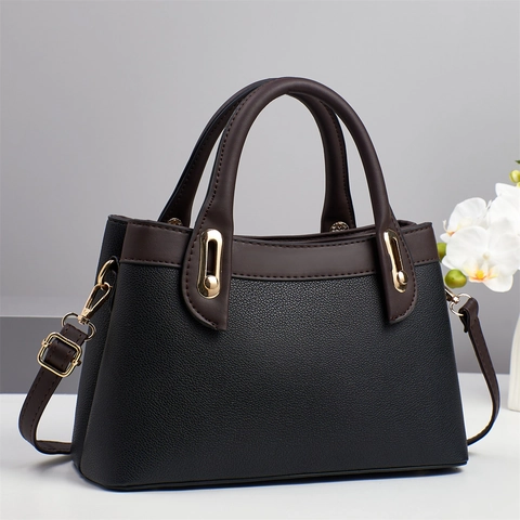 Borsa a Tracolla da Donna in Pelle PU con Grana Litchi Cuciture a Contrasto Grande Capacità Borsa a Mano con Tracolla