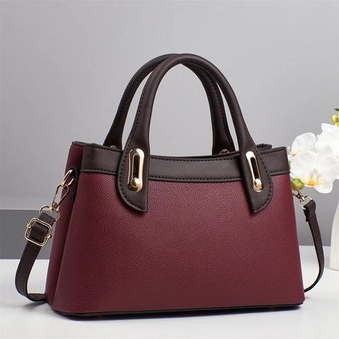 Borsa a Tracolla da Donna in Pelle PU con Grana Litchi Cuciture a Contrasto Grande Capacità Borsa a Mano con Tracolla