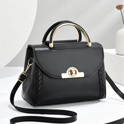 Borsa A Tracolla Donna Pelle PU Lato Intrecciato Patta Chiusura Girevole Manico Metallo Dorato Borsa Elegante