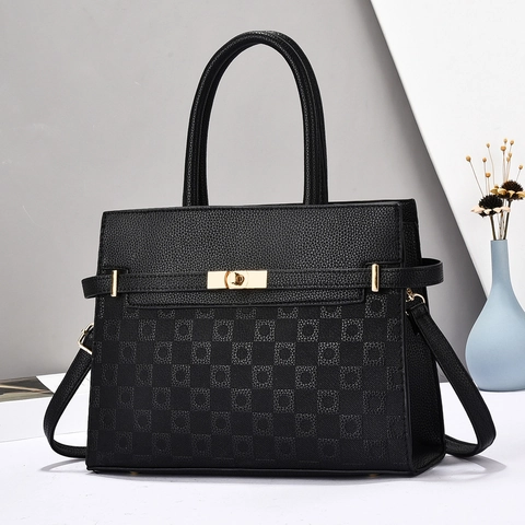 Sac Cabas En Cuir PU Style Français Pour Femmes Motif À Carreaux Gaufré Fermoir Doré Sac À Épaule Avec Bandoulière Amovible