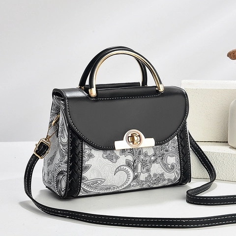 Women's Paisley Printed PU Leather Splicing Handbag Vintage Shoulder Bag With Metal Handle And Adjustable Strap Crossbody Bag