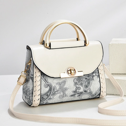 Women's Paisley Printed PU Leather Splicing Handbag Vintage Shoulder Bag With Metal Handle And Adjustable Strap Crossbody Bag