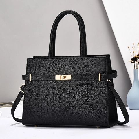 Women Litchi Pattern PU Leather Handbag With Golden Metal Lock Fashion Shoulder Crossbody Tote For Office Commuting