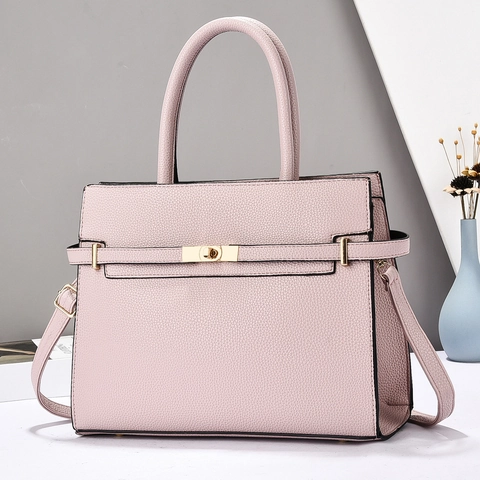 Women Litchi Pattern PU Leather Handbag With Golden Metal Lock Fashion Shoulder Crossbody Tote For Office Commuting