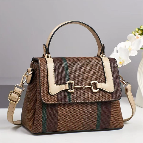 Women Retro Stripe Canvas Texture PU Leather Handbag With Metal Horsebit Buckle Shoulder Crossbody Bag Elegant Top Handle