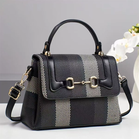 Women Retro Stripe Canvas Texture PU Leather Handbag With Metal Horsebit Buckle Shoulder Crossbody Bag Elegant Top Handle