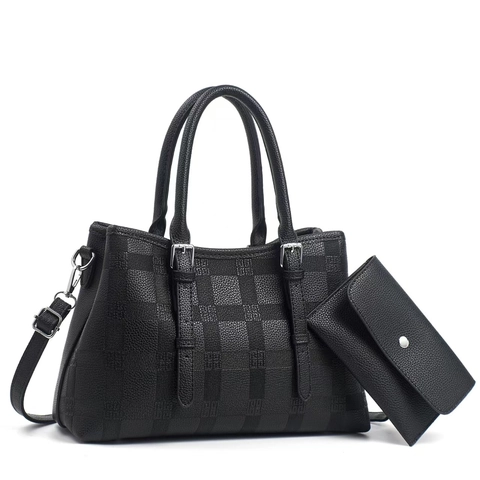 Fashionable Litchi Texture Embossed Grid Tote Bag And Pouch Set With Detachable Shoulder Strap Minimalist Women Handbag Daily