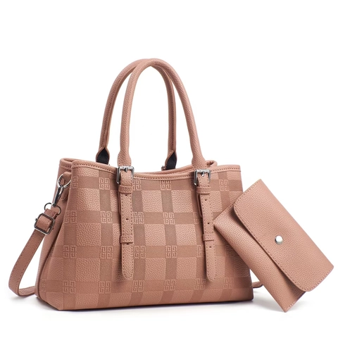 Fashionable Litchi Texture Embossed Grid Tote Bag And Pouch Set With Detachable Shoulder Strap Minimalist Women Handbag Daily