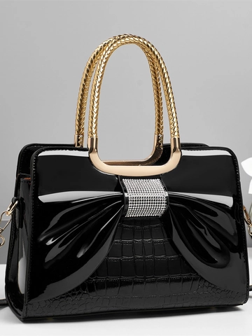 Elegant Patent Leather PU Handbag Women Rhinestone Bow Crocodile Embossed Gold Metal Woven Handle Crossbody Shoulder Bag