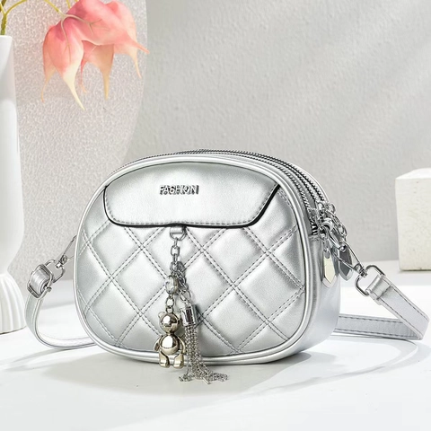 Women Quilted Crossbody Bag PU Leather Small Shoulder Bag Three Zipper Compartments Bear Pendant Tassel Daily Handbag