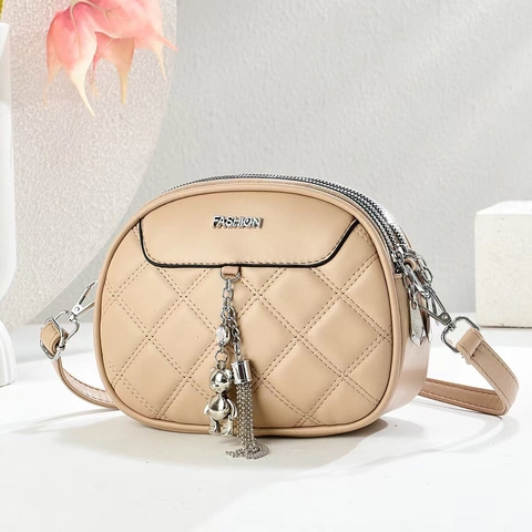 Women Quilted Crossbody Bag PU Leather Small Shoulder Bag Three Zipper Compartments Bear Pendant Tassel Daily Handbag