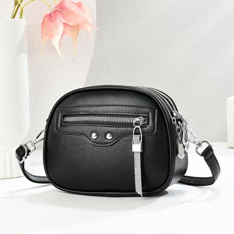Women Crossbody Bag PU Leather Litchi Texture Triple Zipper Pockets Rivet Tassel Decor Small Shoulder Phone Camera Bag