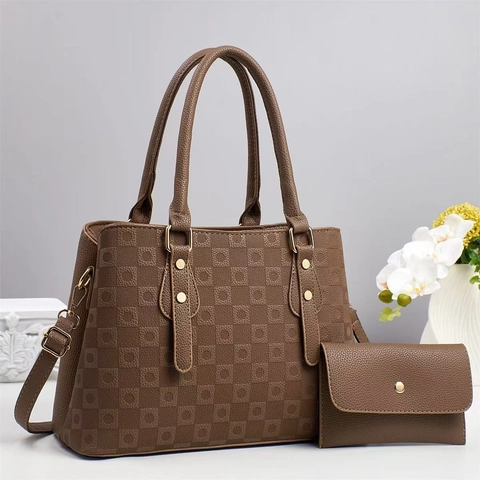 Women Handbag And Wallet PU Leather Checkerboard Embossed Large Capacity Crossbody Tote Bag Fashion Classic Street Style