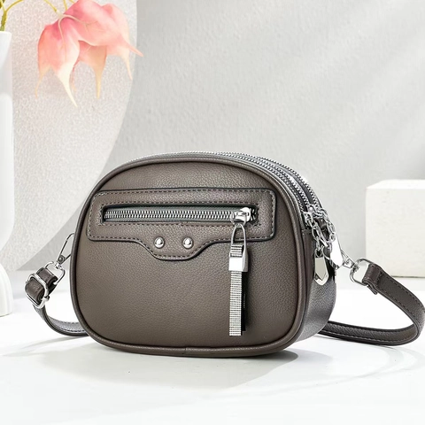 Women Crossbody Bag PU Leather Litchi Texture Triple Zipper Pockets Rivet Tassel Decor Small Shoulder Phone Camera Bag