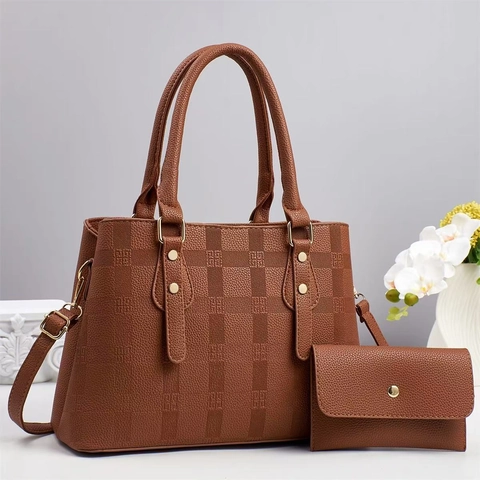 Damen Handtasche Und Geldbörse PU Leder Litschi Muster Geometrische Prägung Große Kapazität Umhängetasche Elegant Tote