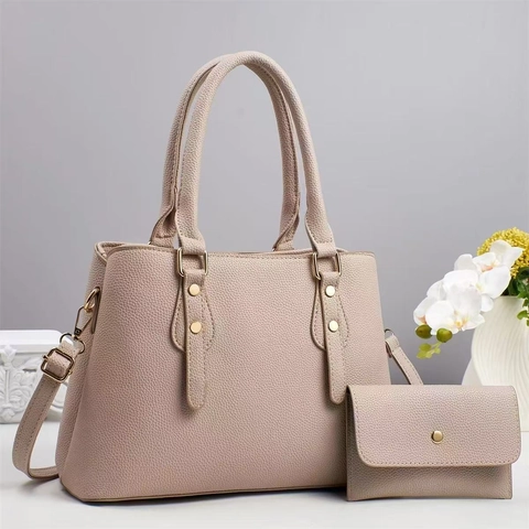 Women Handbag And Wallet Lychee Texture PU Leather Large Capacity Shoulder Tote Bag Gold Hardware Elegant Simple Style