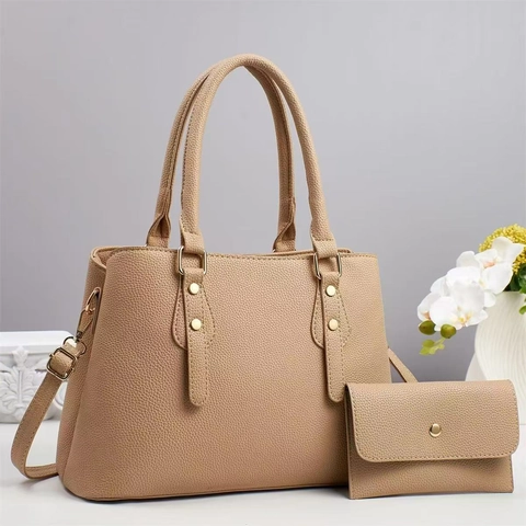 Women Handbag And Wallet Lychee Texture PU Leather Large Capacity Shoulder Tote Bag Gold Hardware Elegant Simple Style