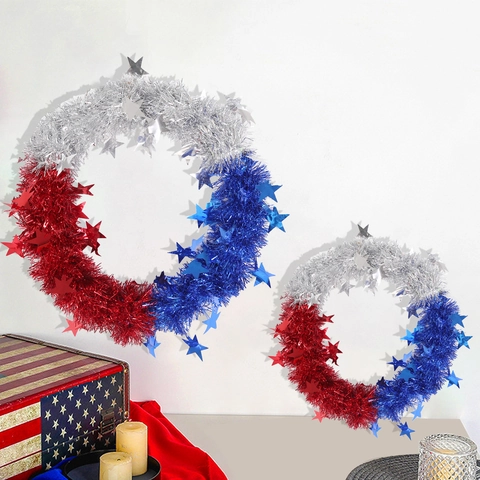 Independence Day Patriotic Tinsel Wreath With Stars Red Blue Silver Fourth Of July Celebration Home Decor Hanging Wreath Ornament