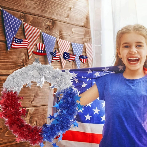 Independence Day Patriotic Tinsel Wreath With Stars Red Blue Silver Fourth Of July Celebration Home Decor Hanging Wreath Ornament