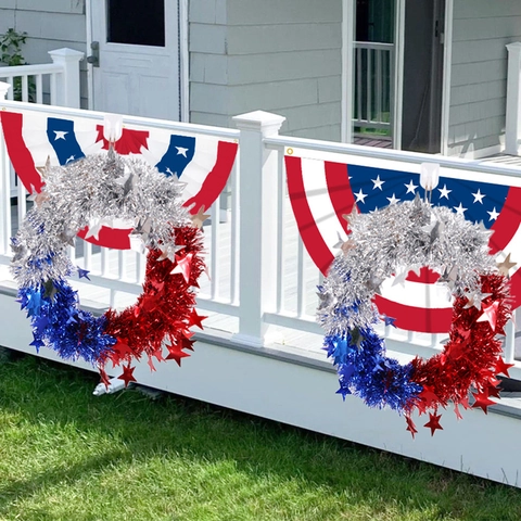 Independence Day Wreath Red Silver Blue Tinsel Star Garland Fourth Of July Patriotic Door Hanging Decoration Party Favor Home Ornament