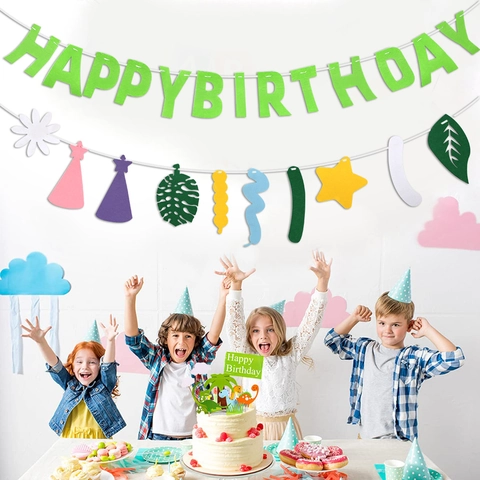 Felt Happy Birthday Banner For Kids Party Decoration Colorful Shark Rabbit Daisy Pattern Hanging Garland Banners Birthday Pull Flag Decoration