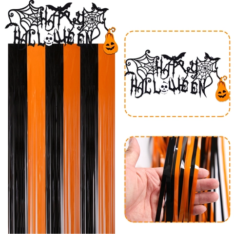 Decorazione Halloween Sfondo Tenda A Frange Foglio Metallico Banner Feltro Nero Arancione Spaventosa Festa Decor