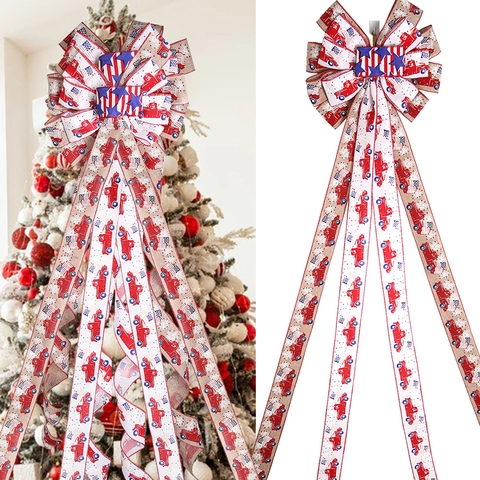Lazo Para Copa De Árbol Patriótico Con Cintas Largas De Arpillera Camión Rojo Estrellas Y Rayas Decoración Día Independencia