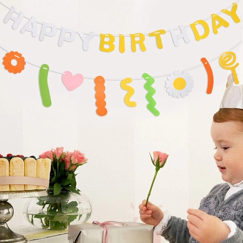 Felt Happy Birthday Banner Garland With Daisy Shark Rabbit Patterns For Kids Birthday Party Decoration Hanging Ornaments
