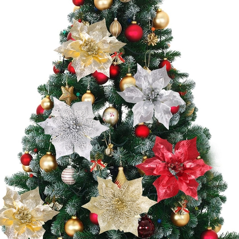 Fiori Artificiali di Stella di Natale con Glitter Traforati Ornamenti per Decorazione Albero di Natale Matrimonio Casa