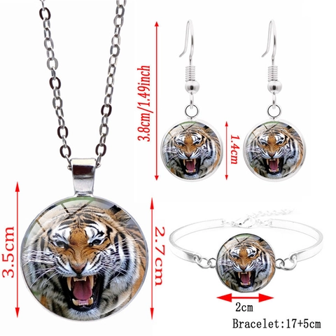 Tiger Head Necklace Bracelet Hook Earrings Jewelry Glass Cabochon Alloy Silver Tone Animal Theme Unisex Accessory