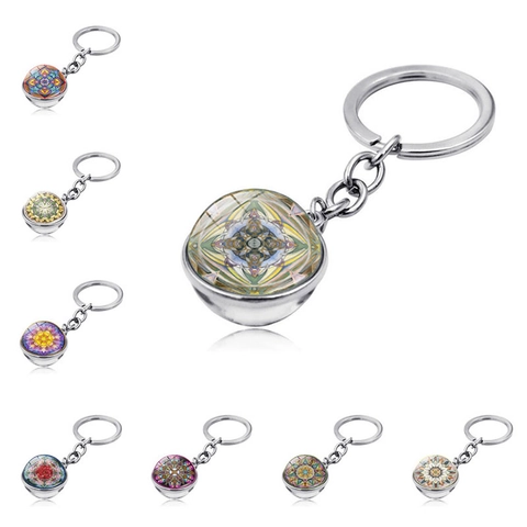 Yoga Mandala Flower Glass Ball Keychain Double Sided Time Gem Zinc Alloy Metal Key Ring Geometry Pattern Pendant Key Chain Gift For Women