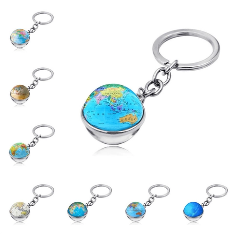 Creative Globe World Map Double Sided Glass Ball Keychain Zinc Alloy Metal Key Ring Fashion Bag Charm Souvenir Educational Gift For Men Women