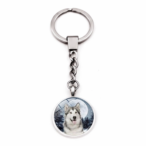 Husky Dog Keychain Zinc Alloy Glass Time Gem Moon Forest Pendant Bag Charm Pet Lover Gift Silver Tone Accessory