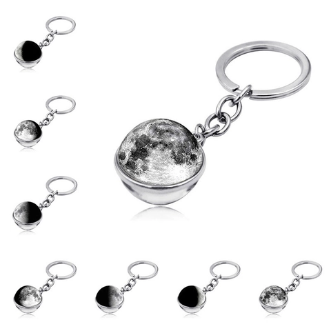 Moon Phase Keychain Zinc Alloy Astronomy Round Glass Ball Pendant Decorative Accessory Gift For Space Lovers