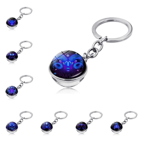 Zwölf Sternbilder Glaskugel Schlüsselanhänger Zinklegierung Doppelseitiger Tierkreis Galaxie Anhänger Schlüsselring Für Auto Tasche Geschenk