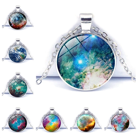 Galaxy Pendant Necklace Zinc Alloy Glass Round Nebula Universe Solar System Space Jewelry Silver Color