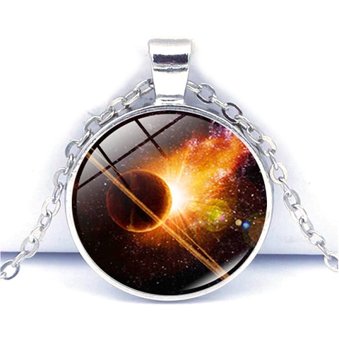 Galaxy Pendant Necklace Zinc Alloy Glass Round Nebula Universe Solar System Space Jewelry Silver Color