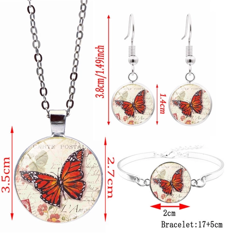 Joyería Mariposa Vintage Cabochón Cristal Collar Pendientes Pulsera Aleación Tono Plata Estilo Postal Francesa Mujer