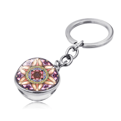 Mandala Yoga Glass Ball Keychain Double Sided Time Gem Zinc Alloy Pendant Bohemian Geometric Key Ring Bag Accessory Gift