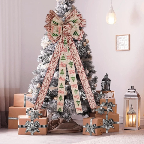 Grande Fiocco per Puntale Albero di Natale in Imitazione Lino Con Stampa Merry Christmas Nastro Decorazione da Appendere per Casa