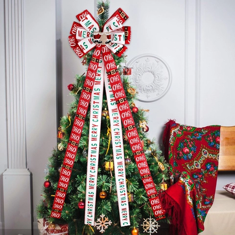 Grande Fiocco per Punta di Albero di Natale in Simil Lino con Nastri Lunghi Stampa Merry Christmas HO HO HO Decorazione